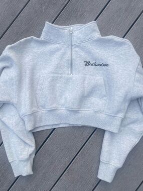 PacSun Budweiser Beer Cropped Crop 1/4 Zip Sweatshirt gray sz XS
